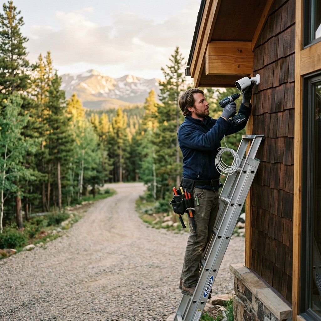Network technician installing an outdoor security camera on a Colorado mountain home