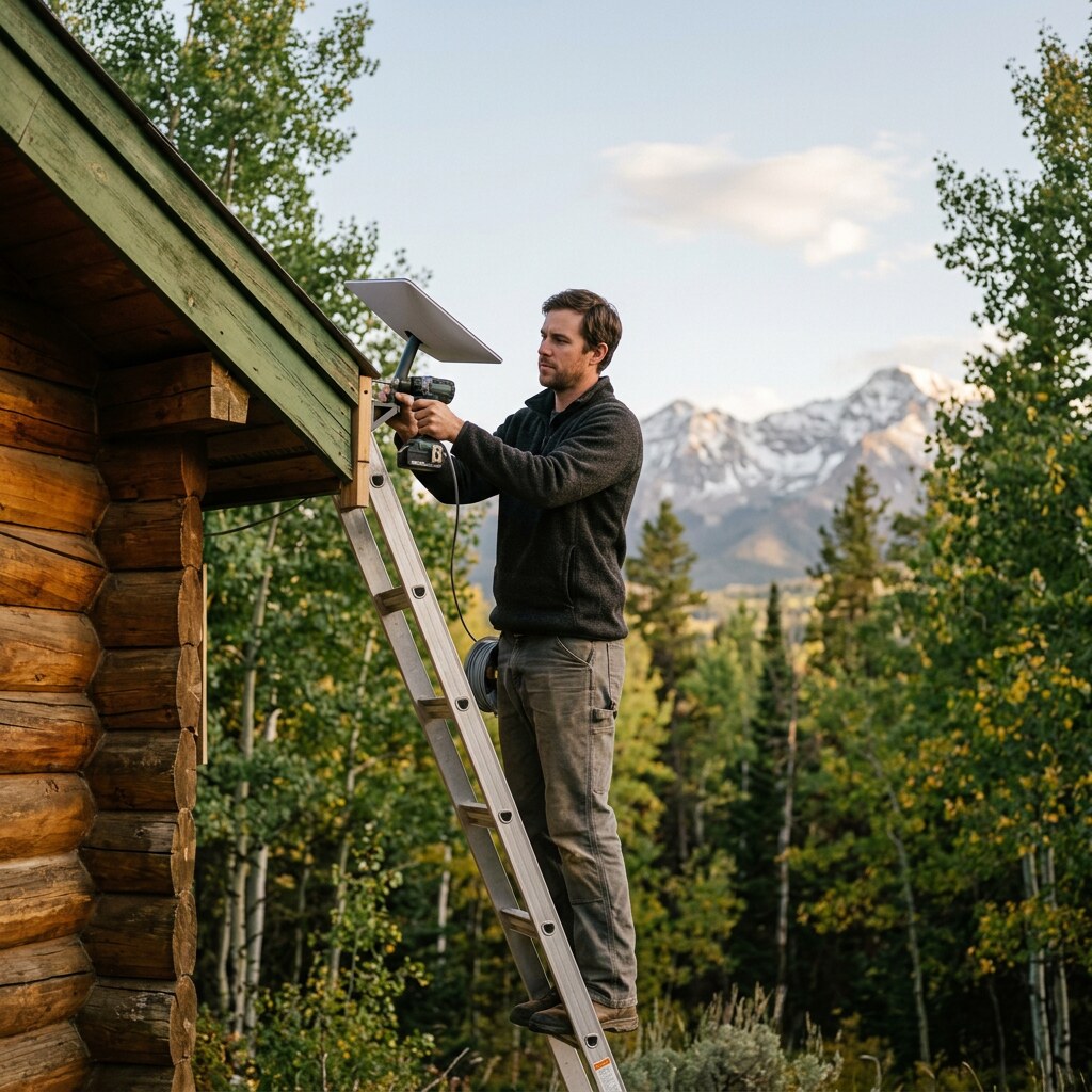 Network technician installing a Starlink dish on a Colorado mountain home