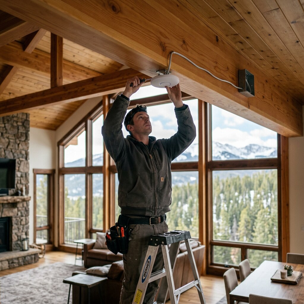 Network technician installing a Ubiquiti UniFi access point in a mountain home